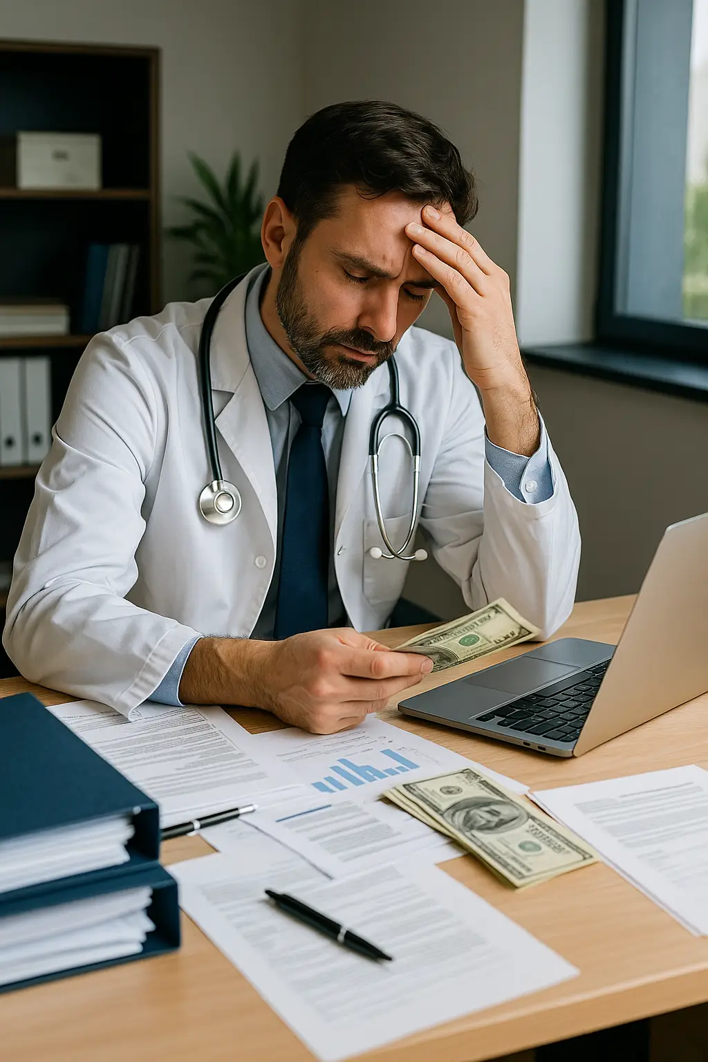 Profissional da saúde preocupado com gestão da clínica