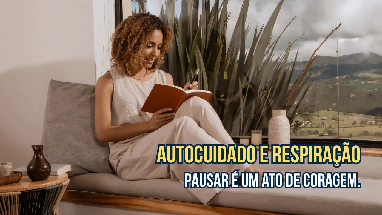 Pessoa praticando autocuidado e respiração