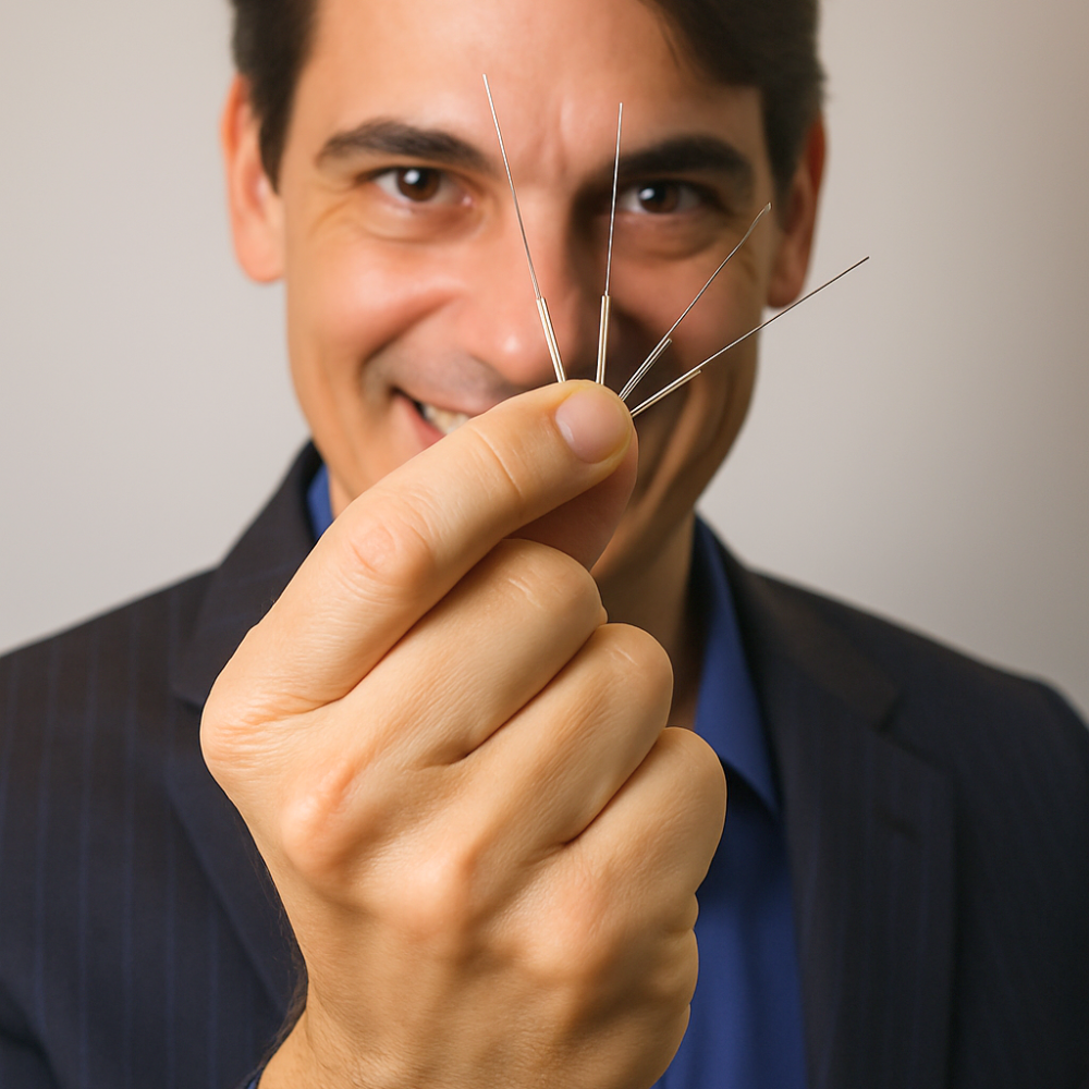 Dr. Cello Menezes segurando agulhas de acupuntura em ambiente clínico.
